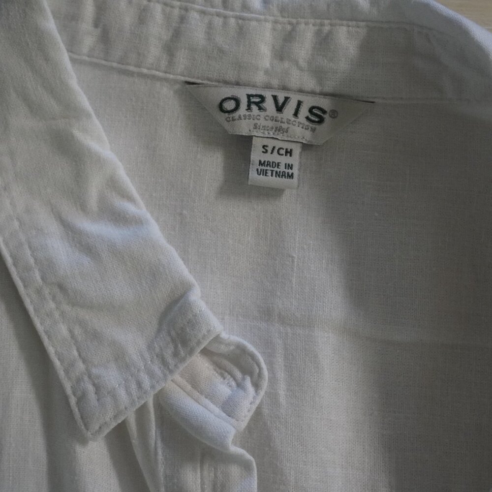 Orvis White Linen Button Down Shirt Cuffed Short Sleeve Pocket Blouse - Picture 5 of 8